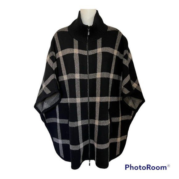 KINROSS LUXE 100% CASHMERE BLACK & SUEDE PLAID ZIP MOCK PONCHO OS ONE SIZE - Picture 2 of 14